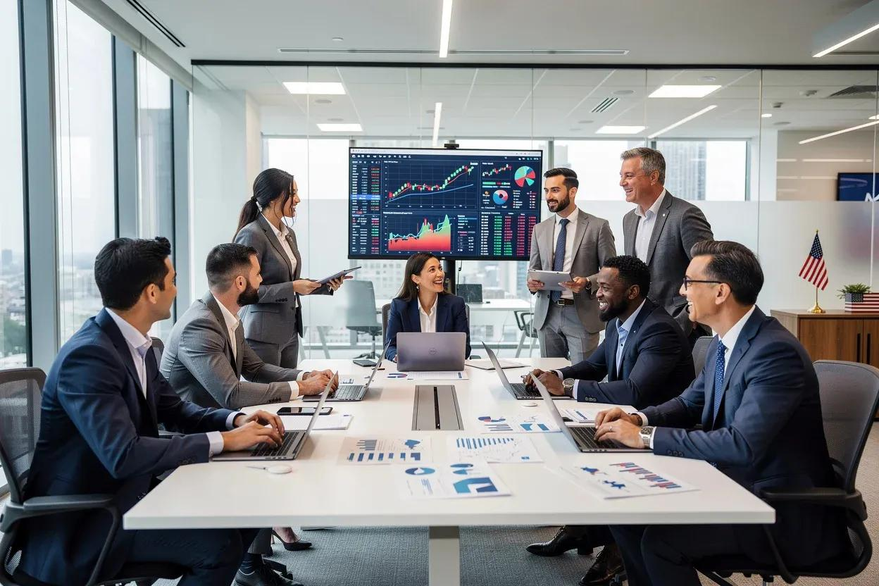 Business team meeting around a boardroom table with financial charts on a screen